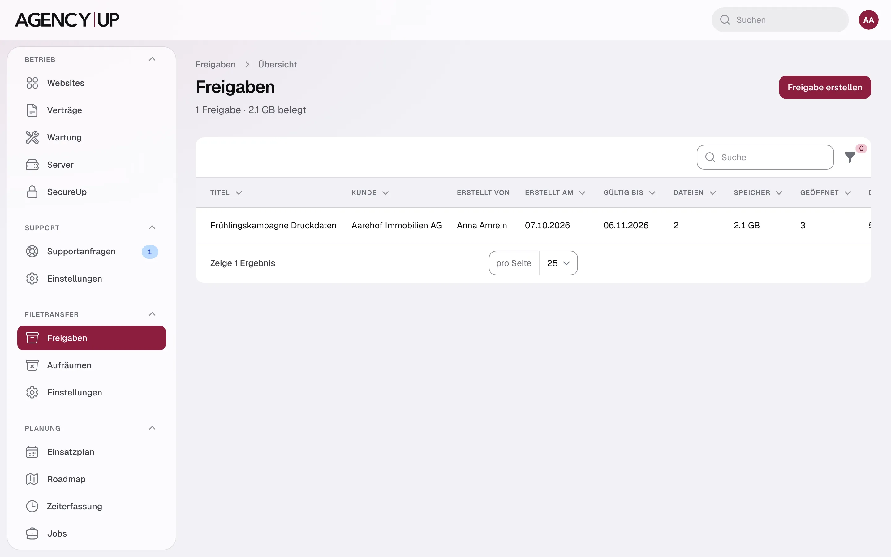 Liste der Freigaben mit Kunde, Gültigkeit, Dateien, Speicher, Öffnungen, Downloads und Mail-Stand