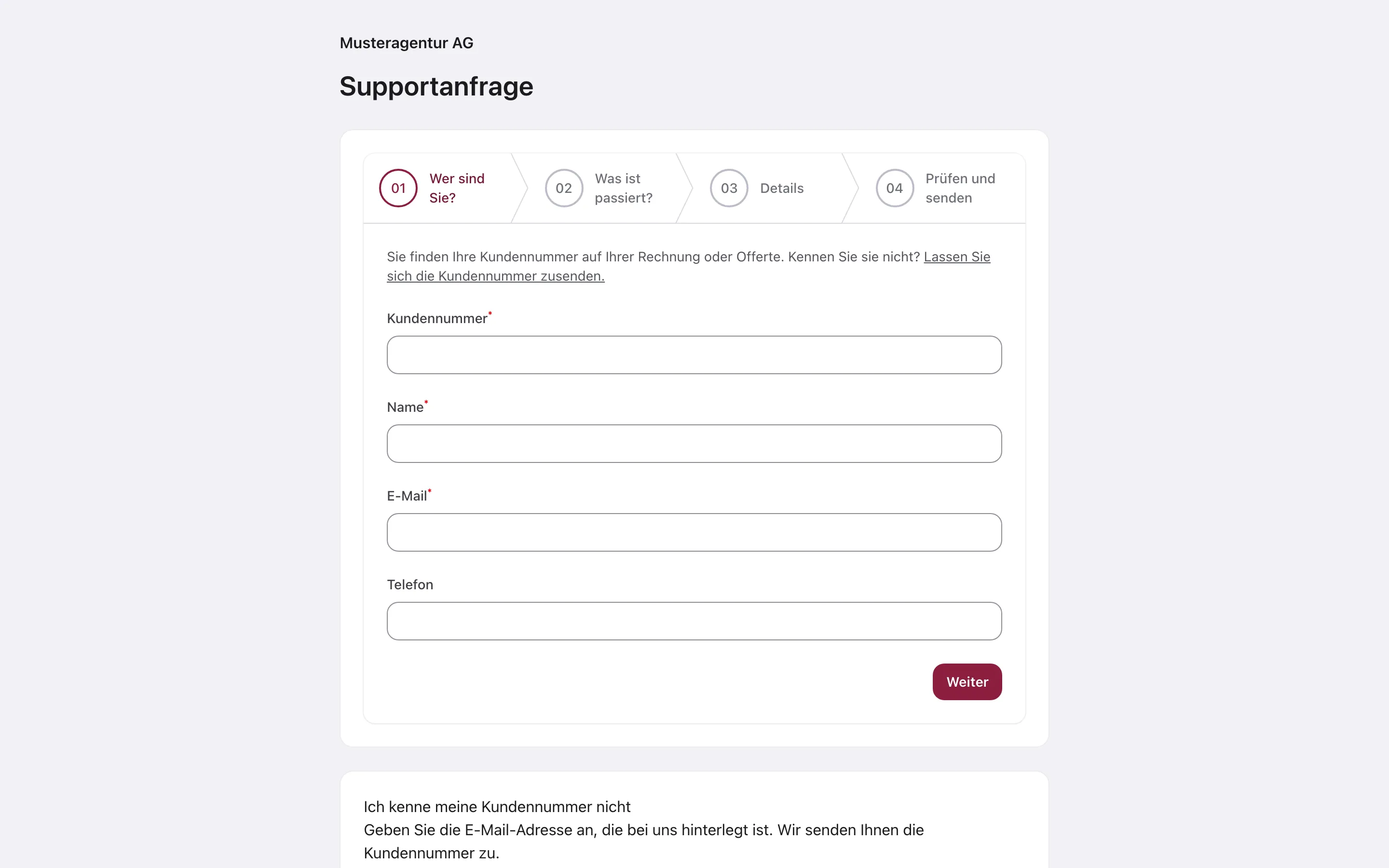 Öffentliches Supportformular mit Kundennummer und E-Mail als erstem Schritt